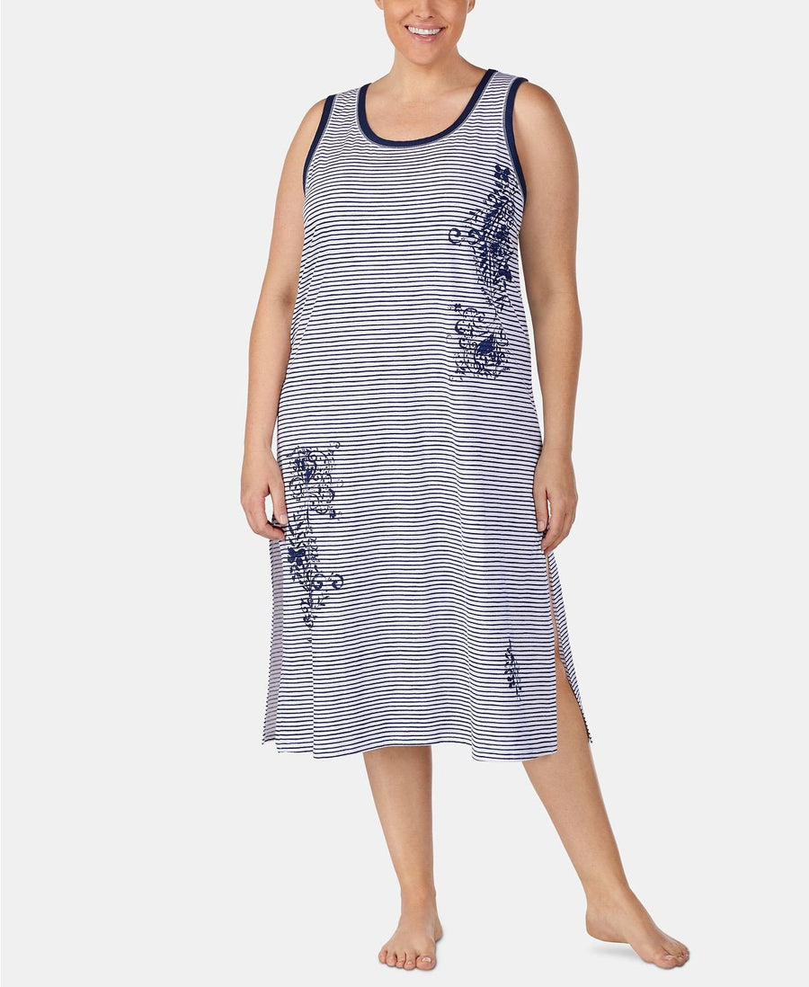 Lauren Ralph Lauren PLUS Striped Cotton Ballet Nightgown in Navy