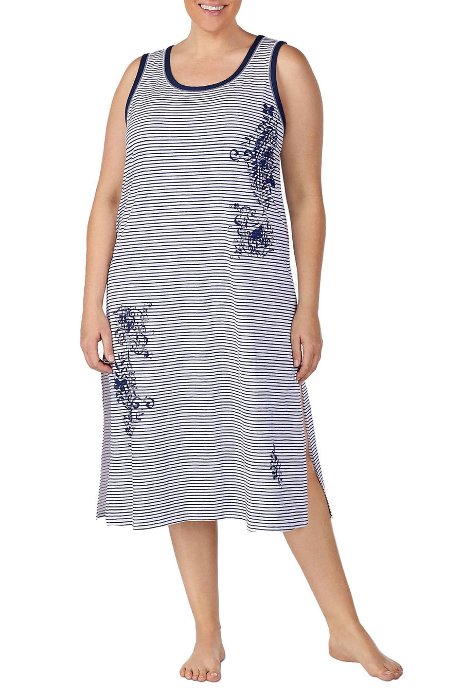 Lauren Ralph Lauren PLUS Striped Cotton Ballet Nightgown in Navy