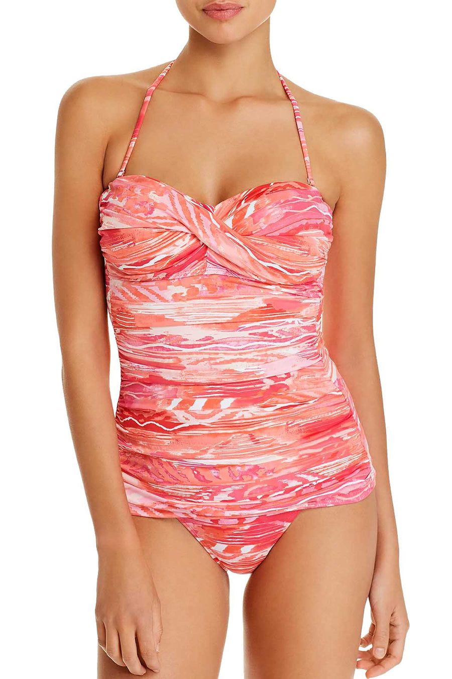 Lauren Ralph Lauren Pink/Coral Calypso Tummy-Control Bandeau Tankini Top