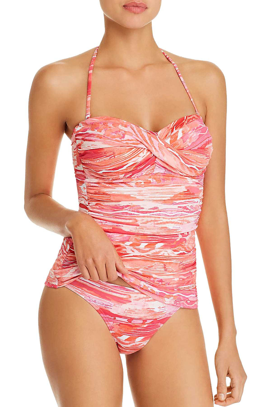 Lauren Ralph Lauren Pink/Coral Calypso Tummy-Control Bandeau Tankini Top