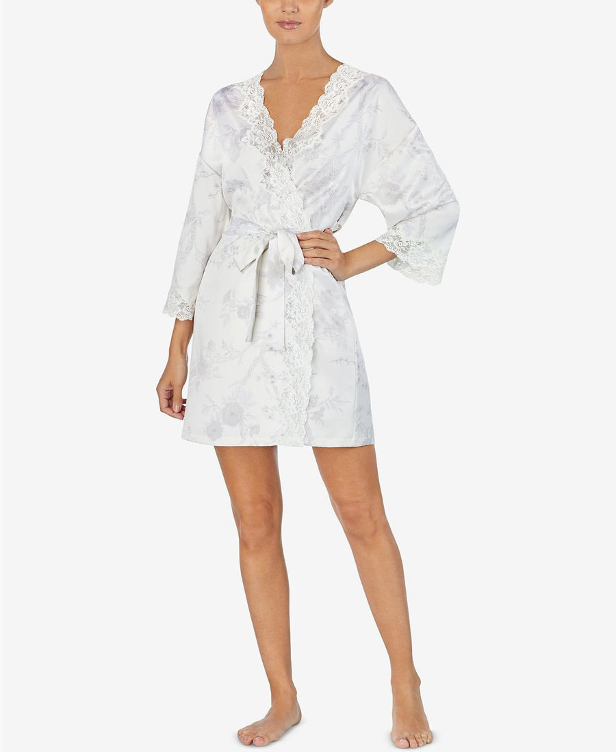 Lauren Ralph Lauren Printed Lace Trim Wrap Robe in White