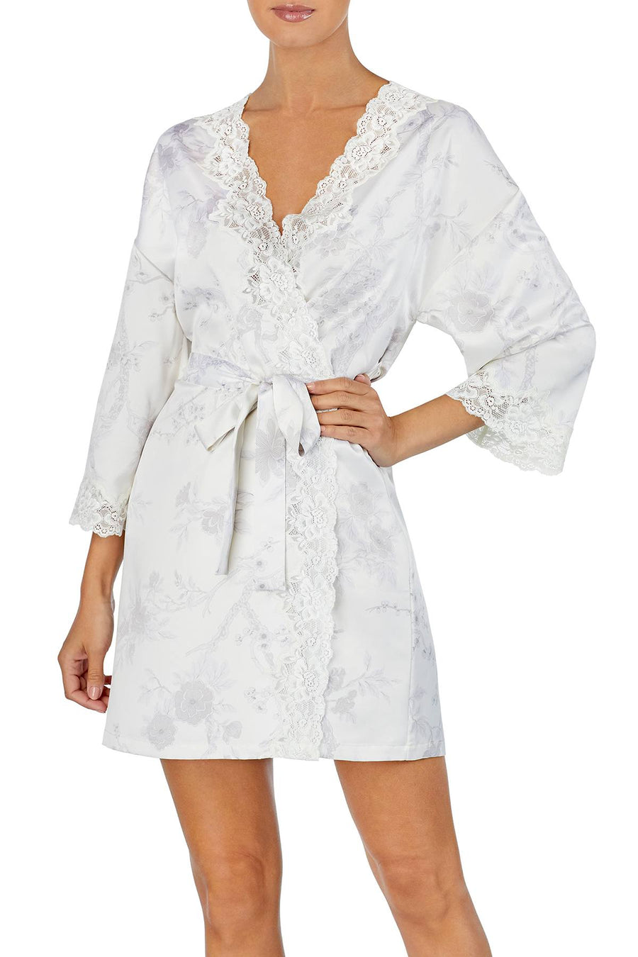 Lauren Ralph Lauren Printed Lace Trim Wrap Robe in White