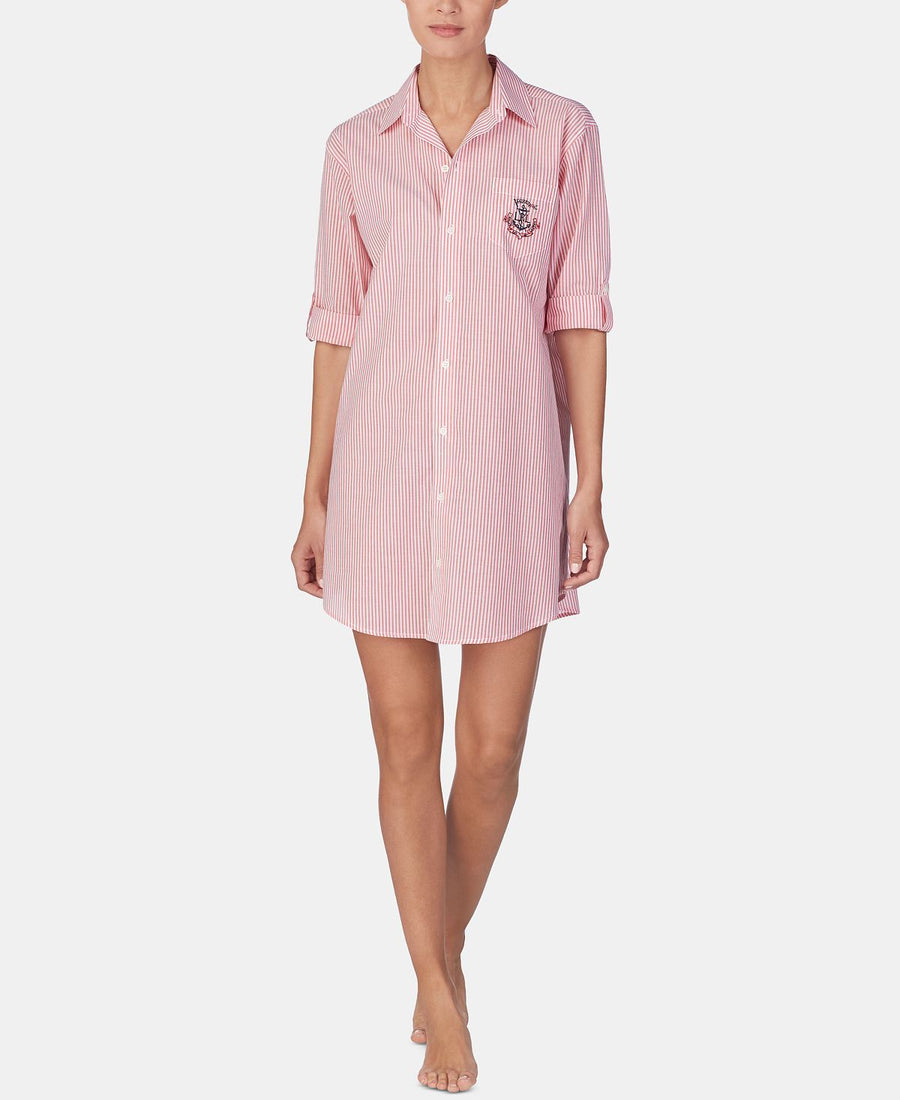 Lauren Ralph Lauren Roll-sleeve Cotton Sleepshirt Nightgown Red Stp