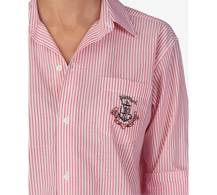 Lauren Ralph Lauren Roll-sleeve Cotton Sleepshirt Nightgown Red Stp