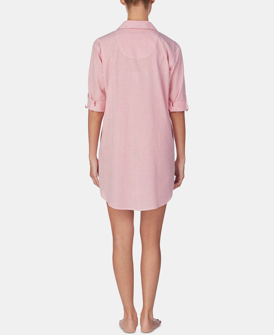 Lauren Ralph Lauren Roll-sleeve Cotton Sleepshirt Nightgown Red Stp