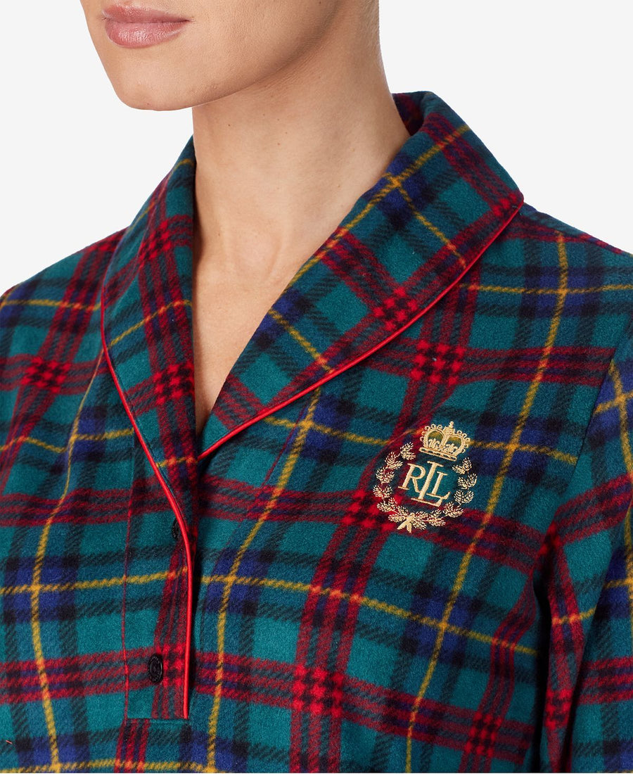 Lauren Ralph Lauren Shawl-collar Printed Fleece Lounger Sleepshirt Nightgown Grn Pld