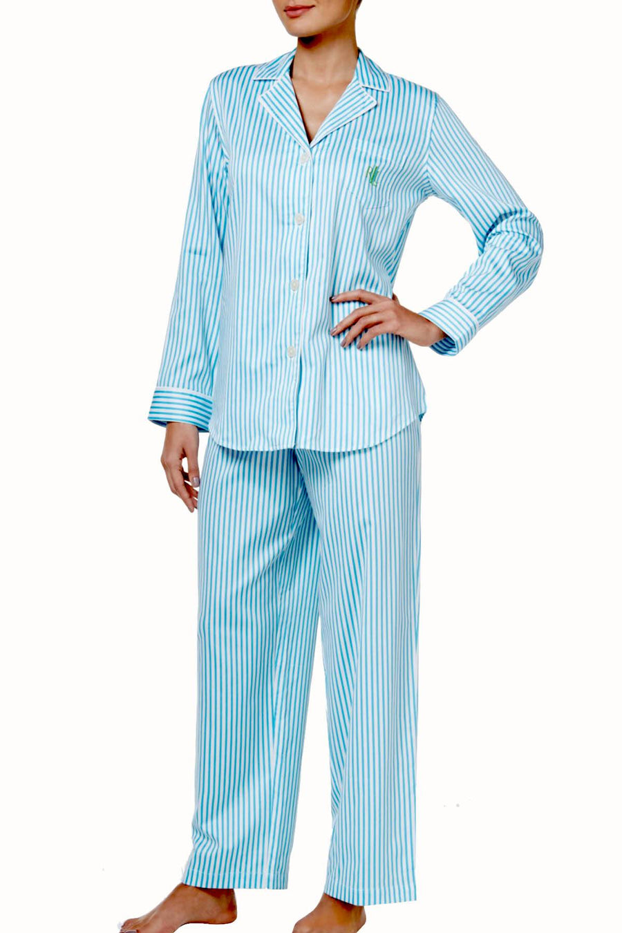 Lauren Ralph Lauren Turquoise-Stripe Sateen Pajama 2-Piece Set