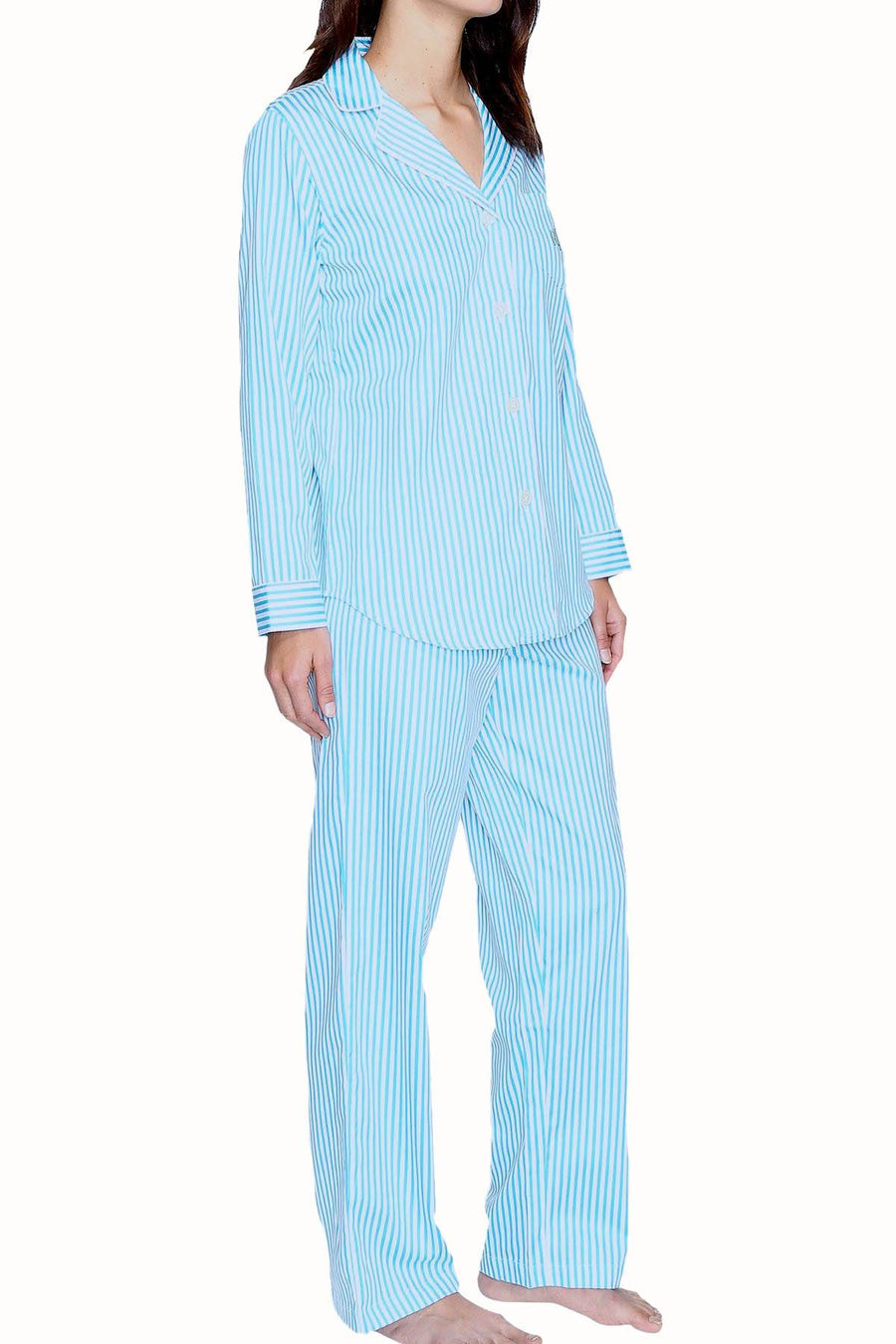Lauren Ralph Lauren Turquoise-Stripe Sateen Pajama 2-Piece Set