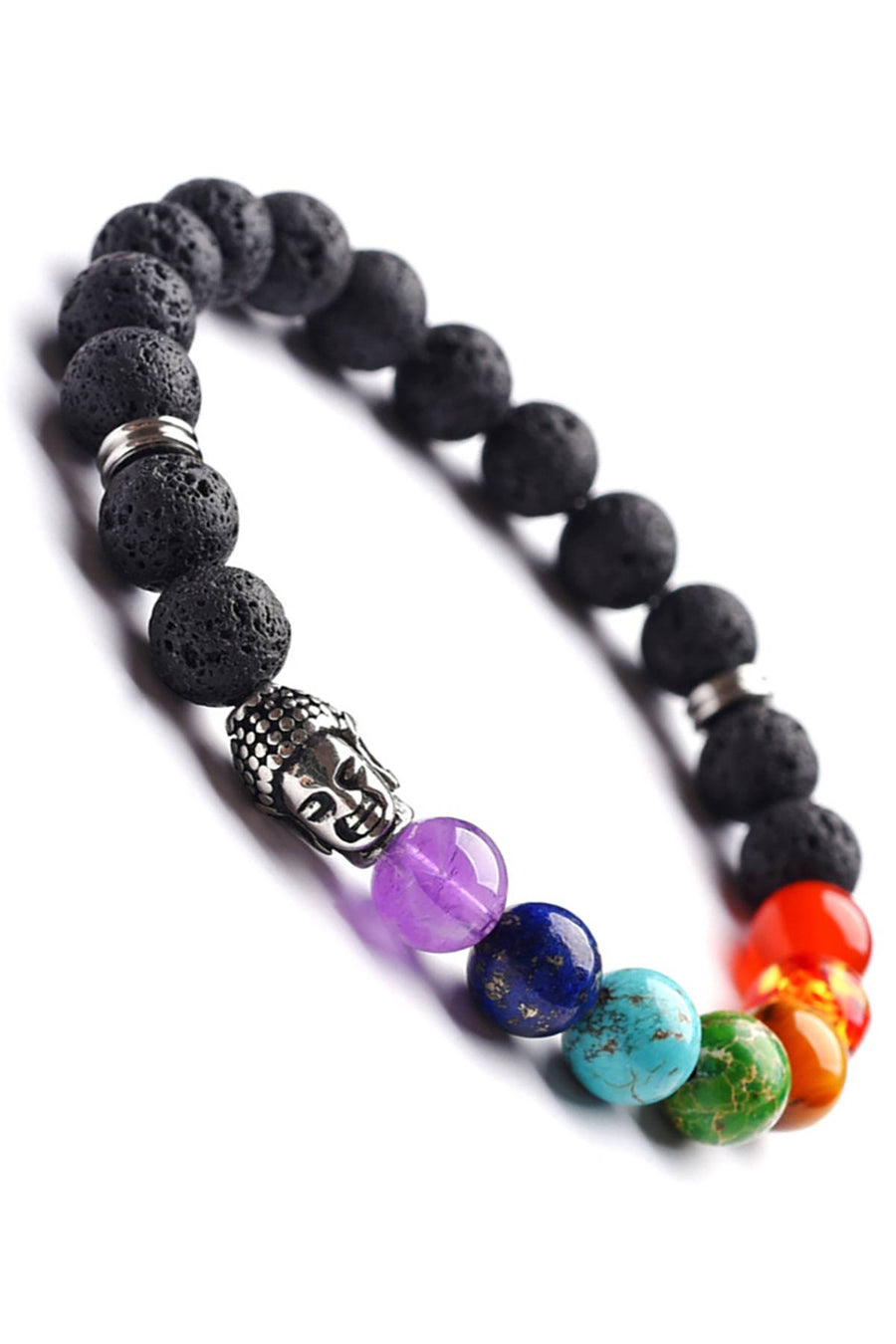 Lava Stone 7-Chakra Silver Buddha Reiki Healing Bracelet