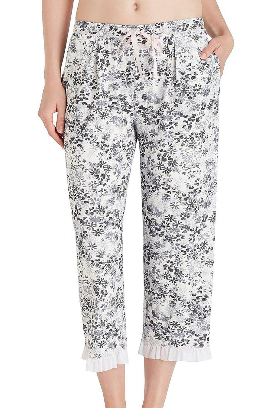 Layla PLUS Black/White Floral Ruffle-Hem Capri Pajama Pant