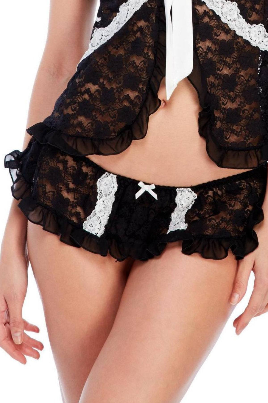 Linea Donatella Black/Ivory Lace Trim Molded-Cup Cami/Babydoll and Skirted Thong Set