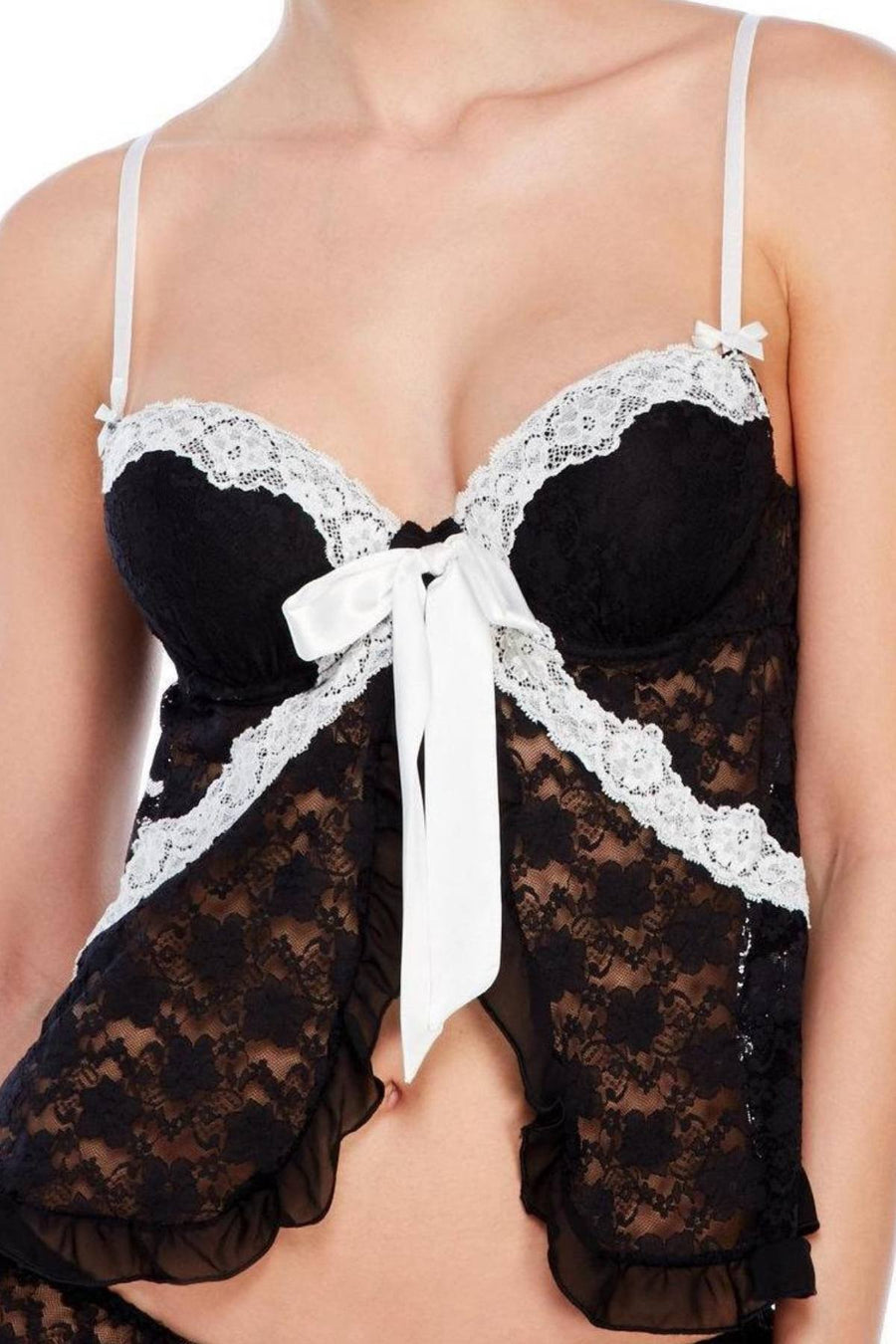 Linea Donatella Black/Ivory Lace Trim Molded-Cup Cami/Babydoll and Skirted Thong Set