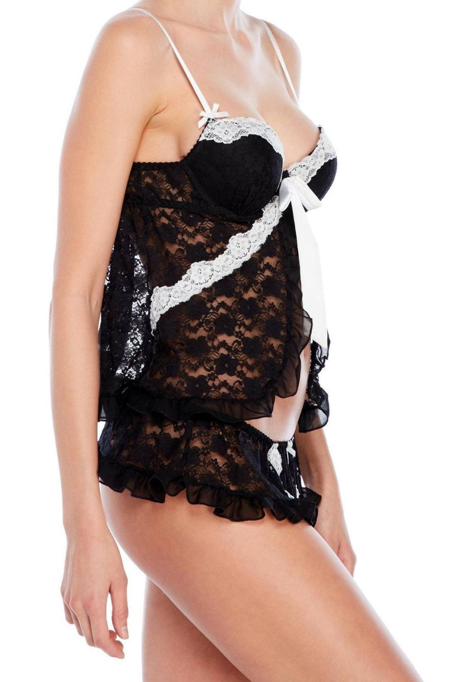 Linea Donatella Black/Ivory Lace Trim Molded-Cup Cami/Babydoll and Skirted Thong Set