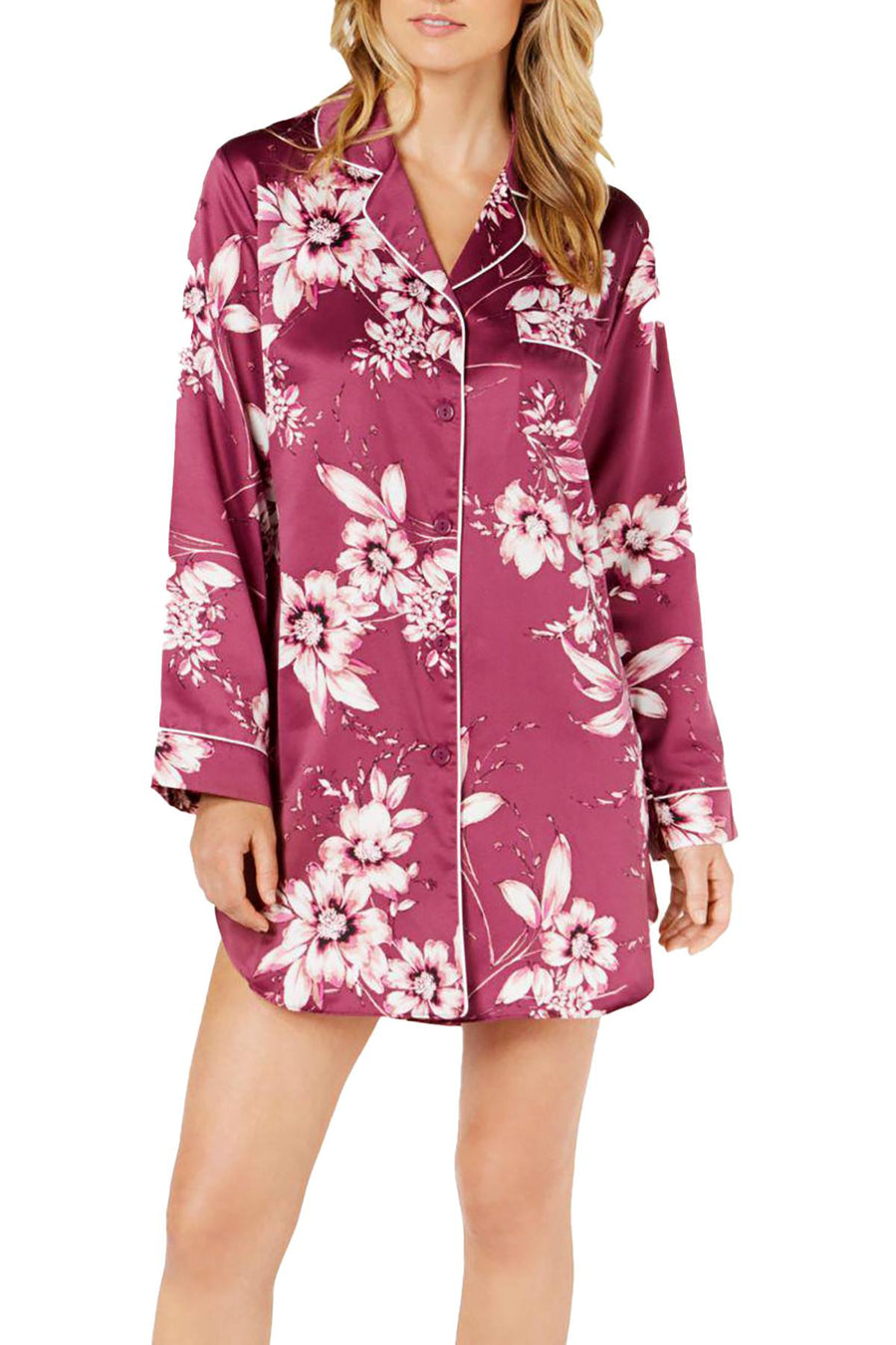 Linea Donatella Sleepy Head Flower Print Satin Sleepshirt in Wine