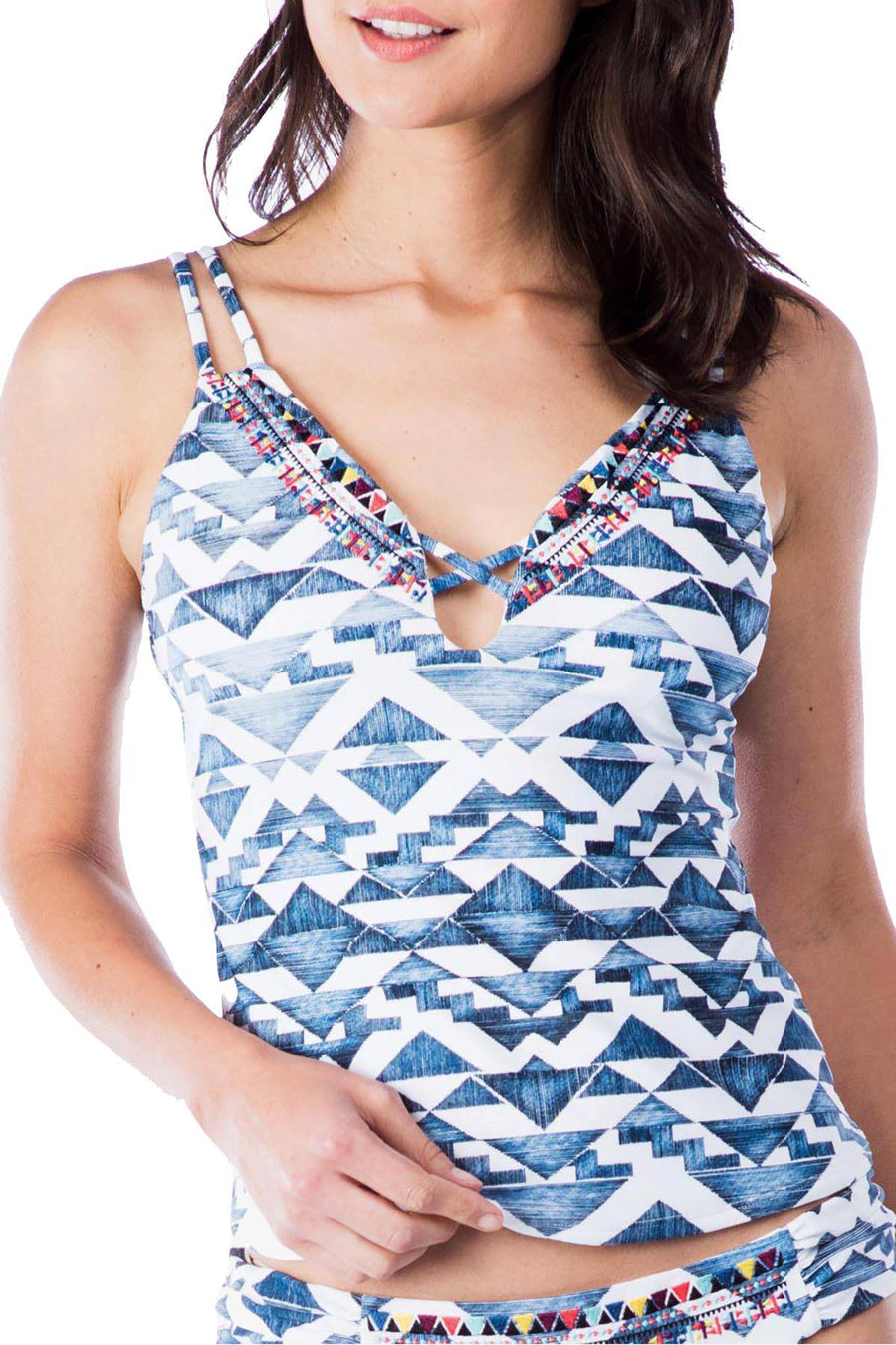 Lucky Brand Going South Embroidered Tankini Top in Indigo