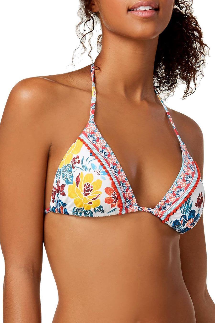 Lucky Brand Las Dalias Pom Pom Halter Bikini Top in White/Multicolor