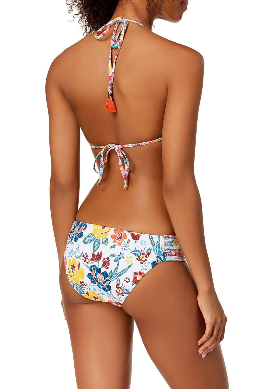 Lucky Brand Las Dalias Pom Pom Halter Bikini Top in White/Multicolor