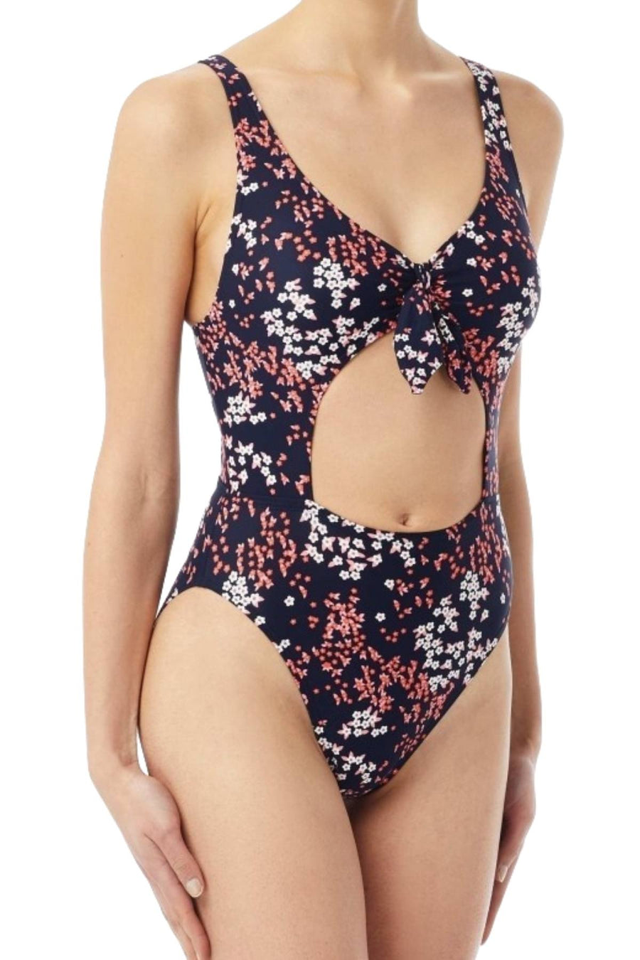 MICHAEL Michael Kors Navy/Rose-Pink Scattered-Blooms Cut-Out One-Piece Swimsuit