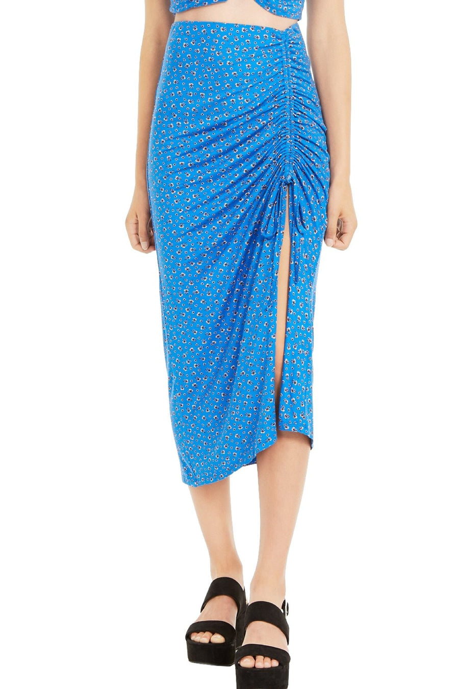 Material Girl Blue Ditsy Printed Junior's Ruched Tie Front Skirt