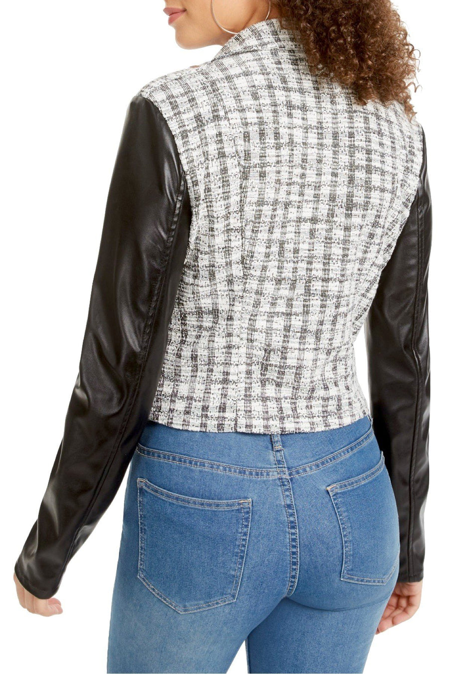 Material Girl Plaid Jaquard Junior's Faux Leather Sleeve Moto Jacket