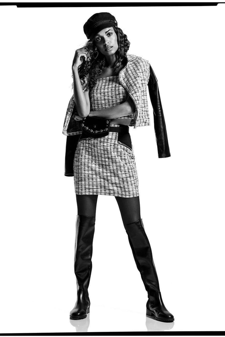 Material Girl Plaid Jaquard Junior's Faux Leather Sleeve Moto Jacket