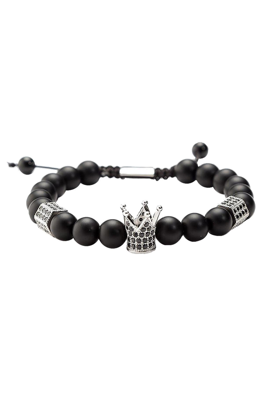 Matte Black Agate / Silver Crown / Black Micro Pavé CZ Healing Bracelet