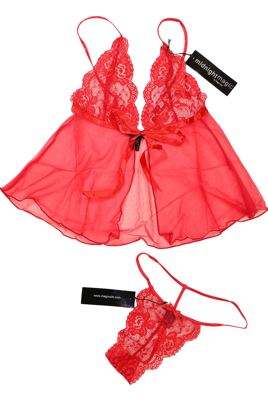 Midnight Magic Red Lace/Mesh Babydoll Cami & G-String 2-Pc Set