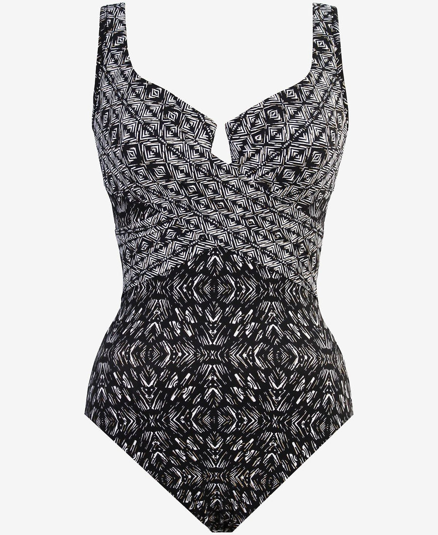 Miraclesuit Incan Treasure Criss Cross Tummy Control One-piece Swimsuit Incan Treasure Black/White