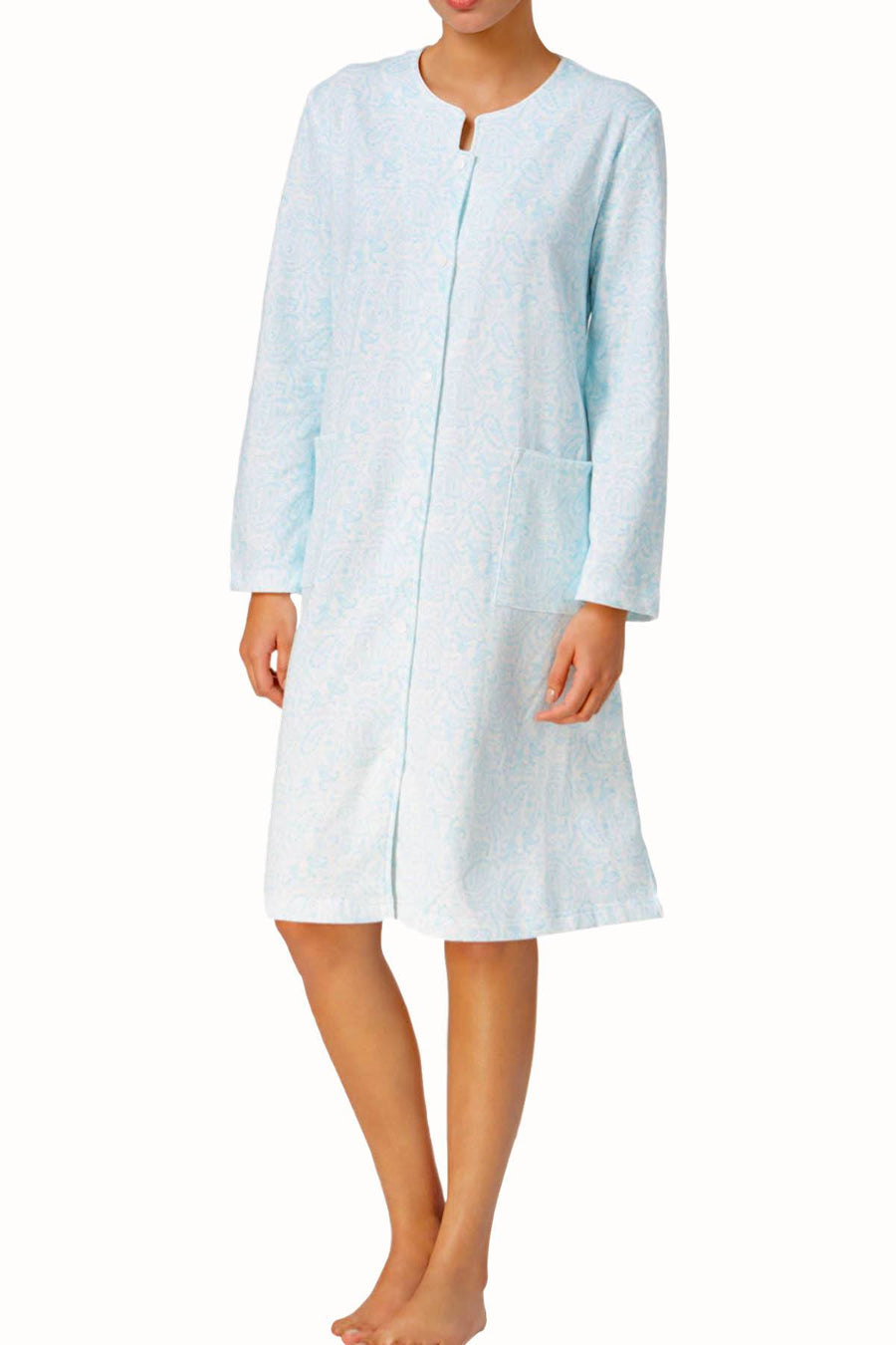Miss Elaine Aqua-Paisley Printed French-Terry Snap-Front Robe/Gown