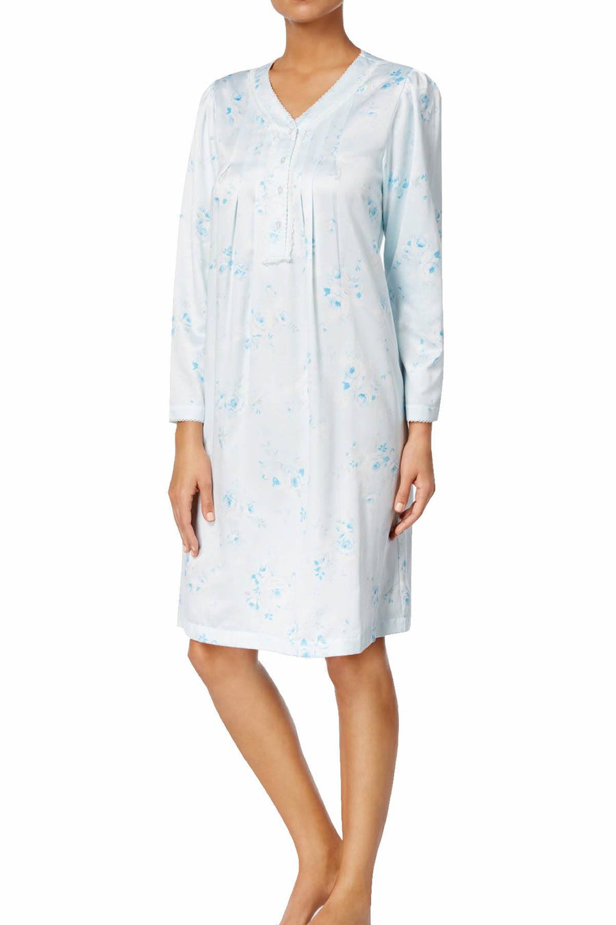Miss Elaine Blue-Bouquet Brushed-Satin Lace-Trim Nightgown