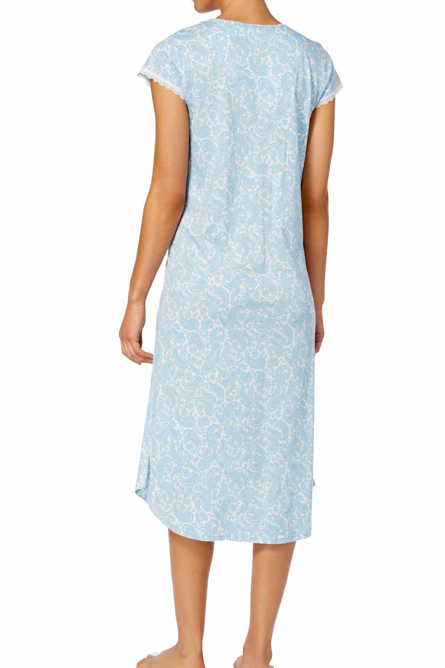 Miss Elaine Blue/Lavender Paisley-Print Tucked-Front Knit Nightgown