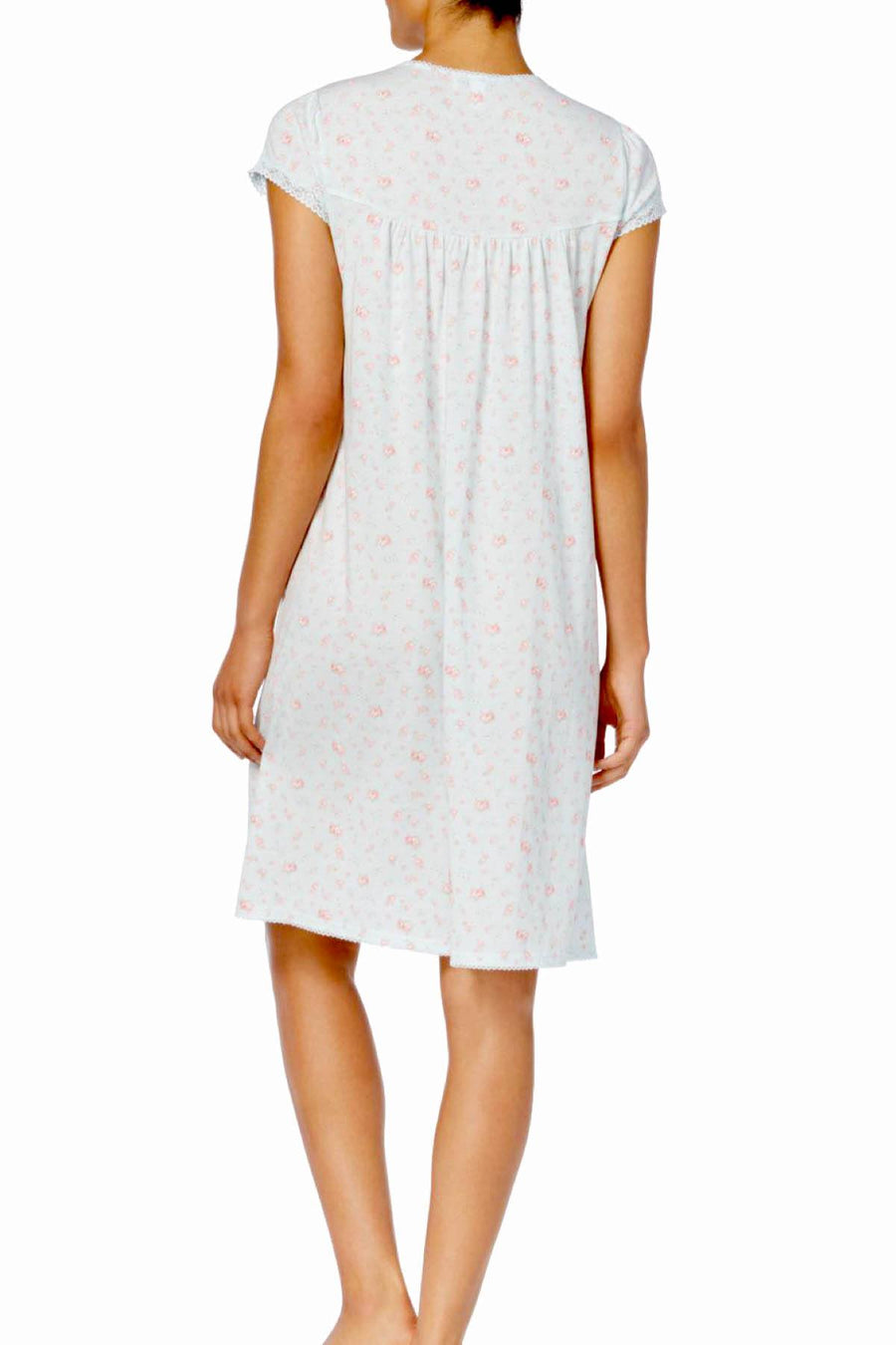 Miss Elaine Blue/Pink-Floral Smocking-Trimmed Knit Printed Nightgown