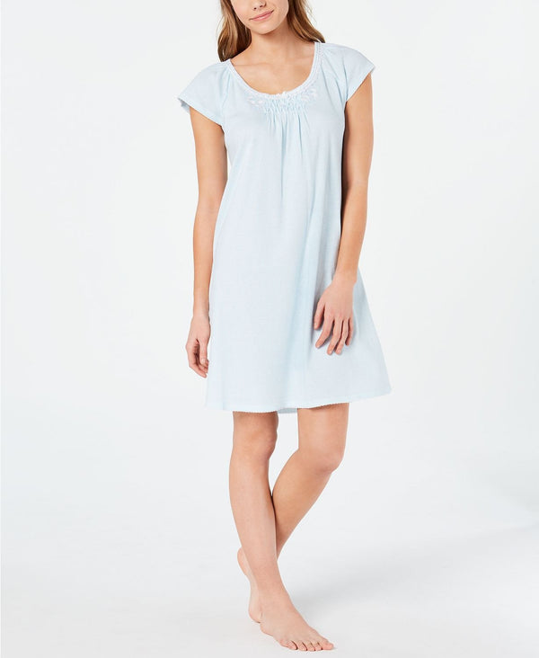 Miss Elaine Cottonessa Embroidered Knit Nightgown in Turquoise Stripe