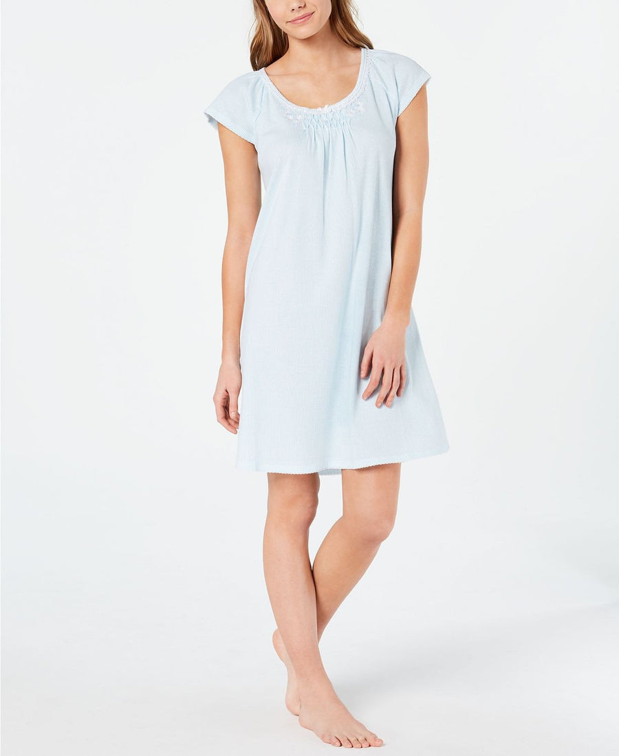 Miss Elaine Cottonessa Embroidered Knit Nightgown in Turquoise Stripe