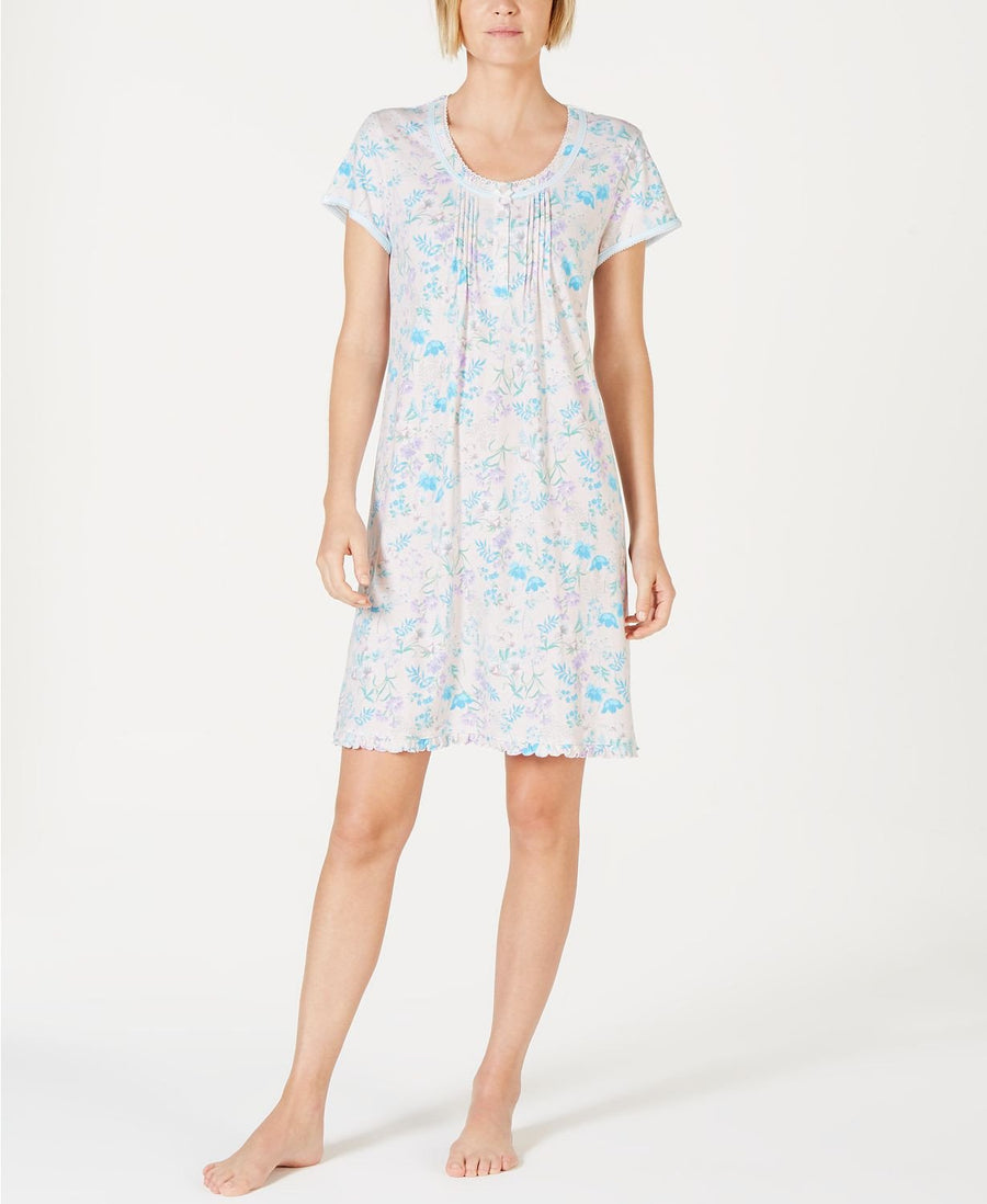 Miss Elaine Cottonessa Flower Print Eyelet Trim Knit Nightgown in Botanical Floral