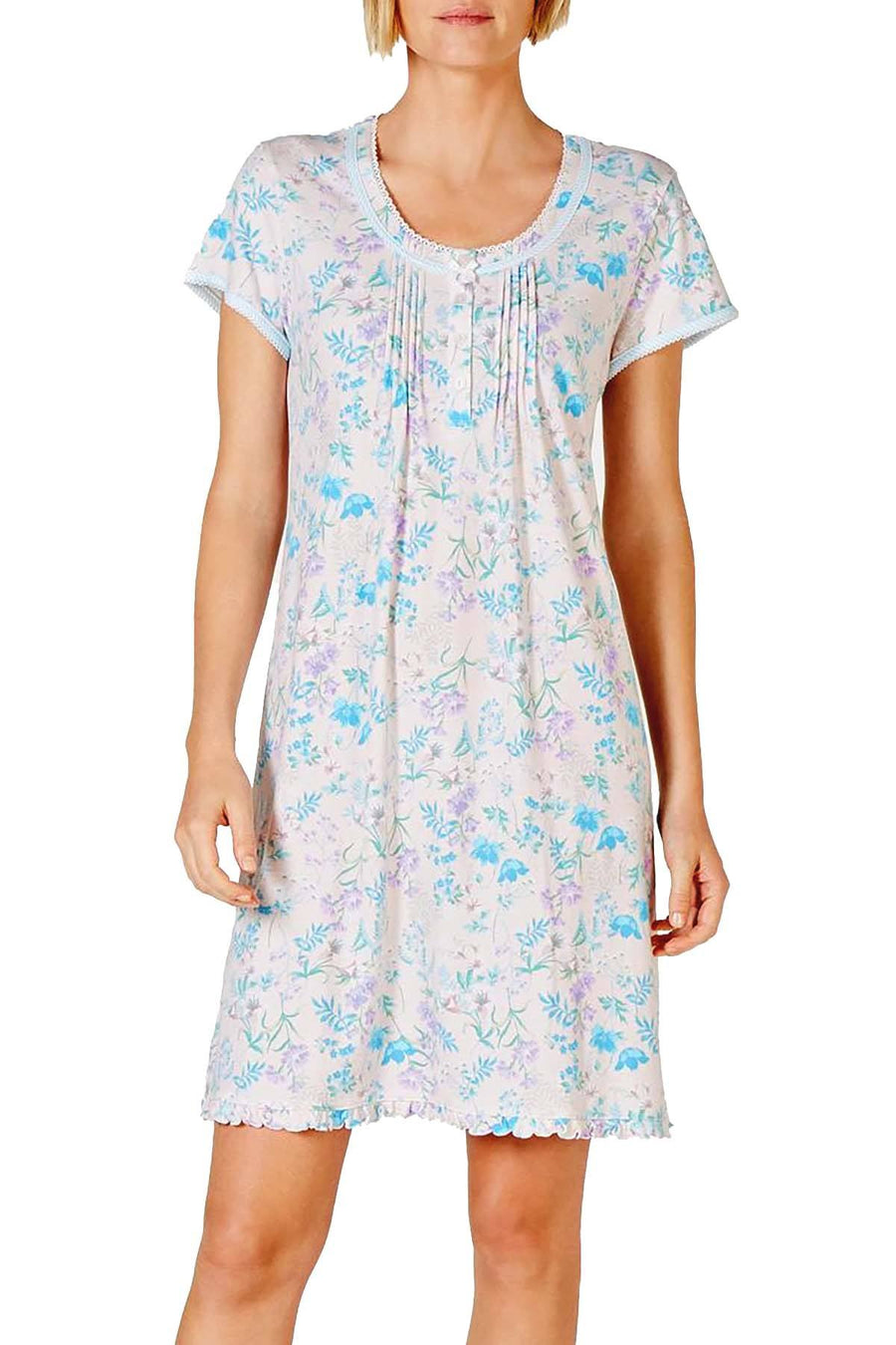 Miss Elaine Cottonessa Flower Print Eyelet Trim Knit Nightgown in Botanical Floral