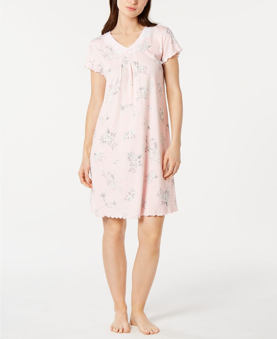 Miss Elaine Floral Print Lace Trim Short Nightgown in Grey Floral Sprays