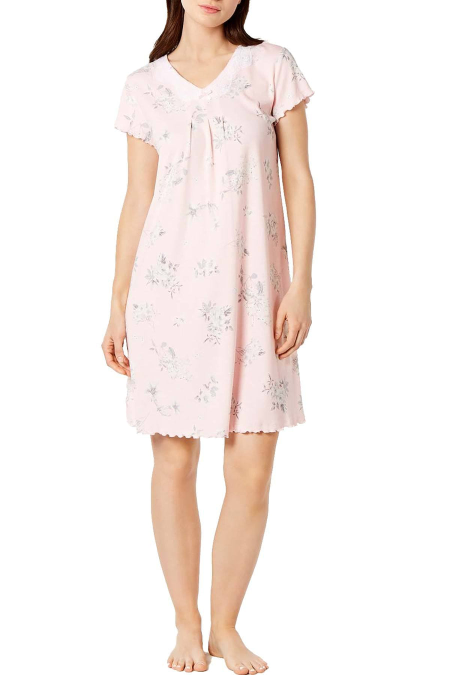 Miss Elaine Floral Print Lace Trim Short Nightgown in Grey Floral Sprays