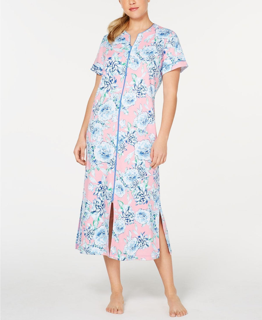 Miss Elaine Flower Print Interlock Knit Zip Up Robe in Blue/Pink