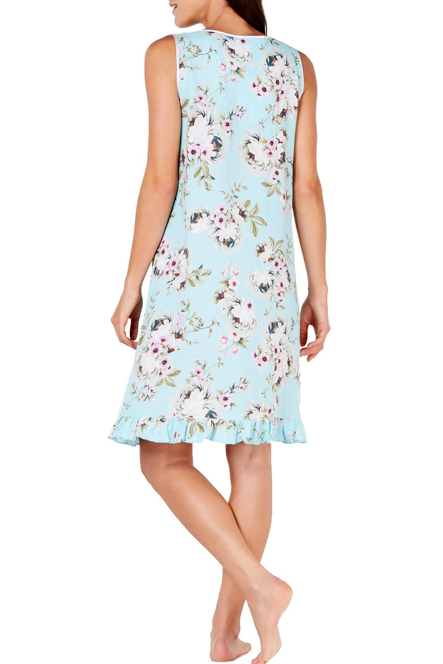 Miss Elaine Flower Print Ruffled Hem Short Nightgown in Aqua