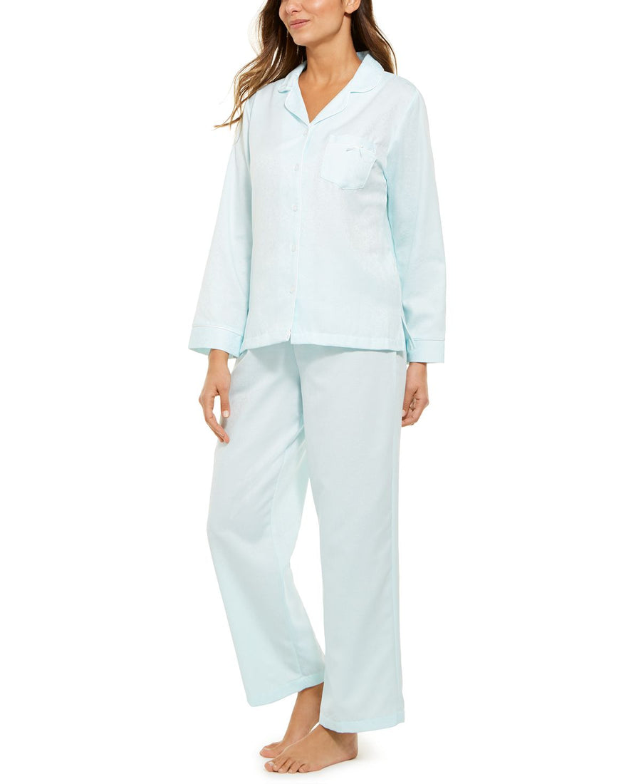 Miss Elaine Jacquard Brushed Back Satin Pajama Set Aqua