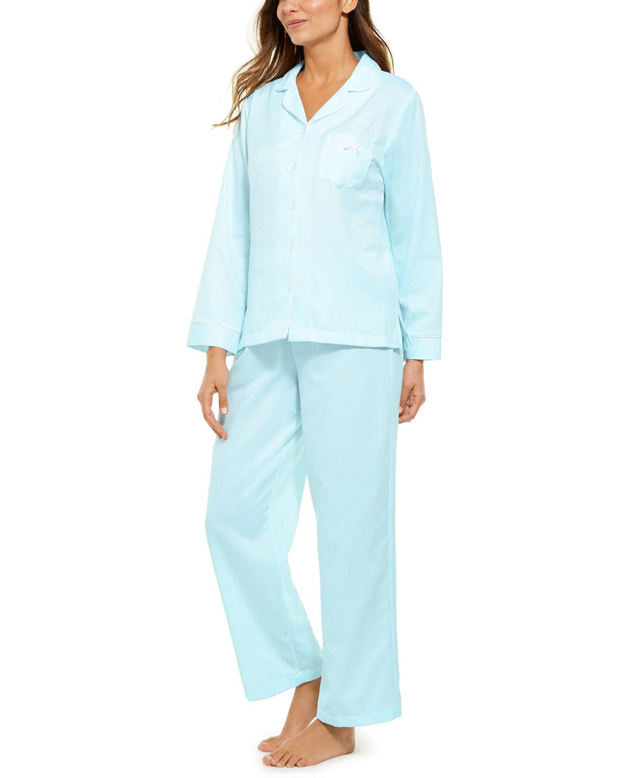 Miss Elaine Jacquard Brushed Back Satin Pajama Set Aqua