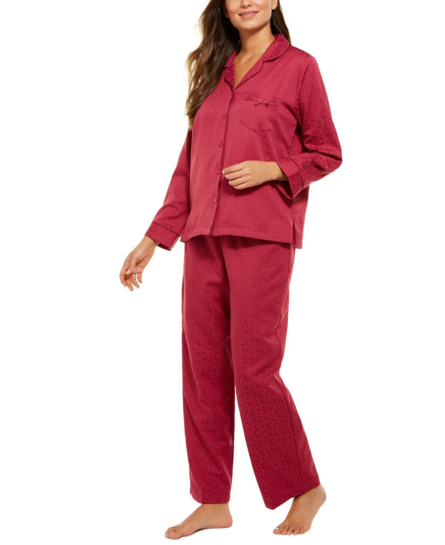Miss Elaine Jacquard Brushed Back Satin Pajama Set Cranberry