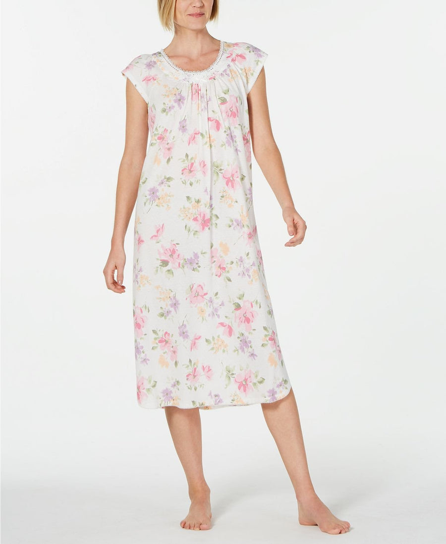 Miss Elaine Lace Trim Printed Knit Long Nightgown in Multicolor Floral