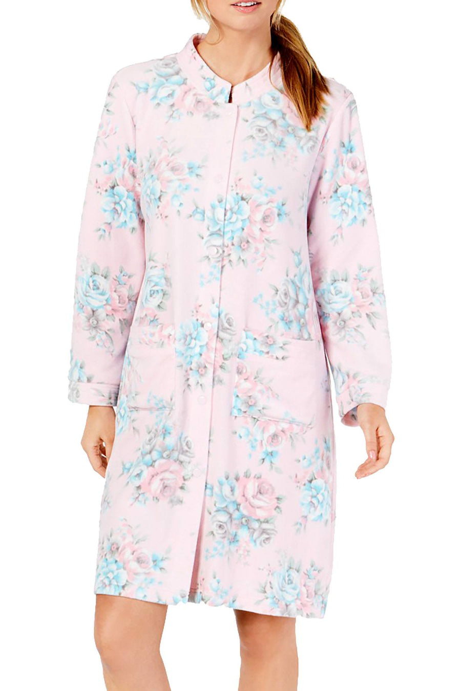 Miss Elaine Luxe Printed Brushed Fleece Short Snap Robe in Pink