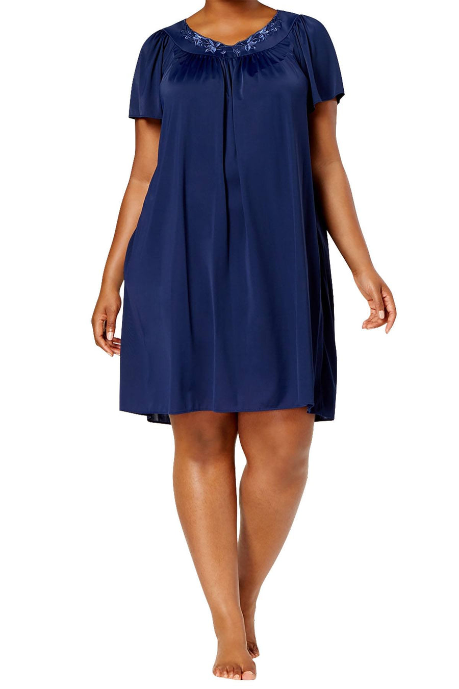 Miss Elaine Navy Tricot Flutter-Sleeve Nightgown