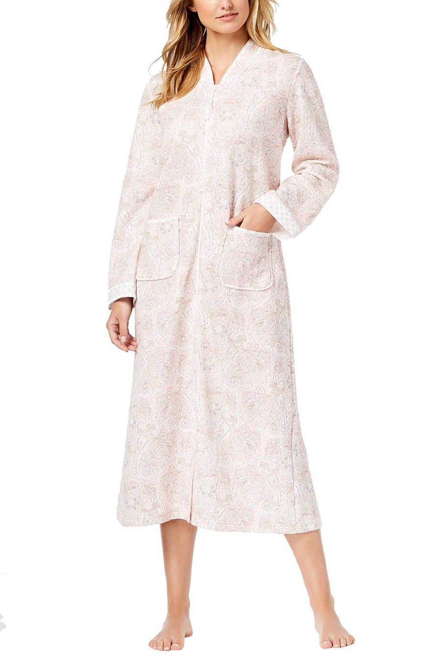 Miss Elaine Neutral Paisley Knit Zip Robe
