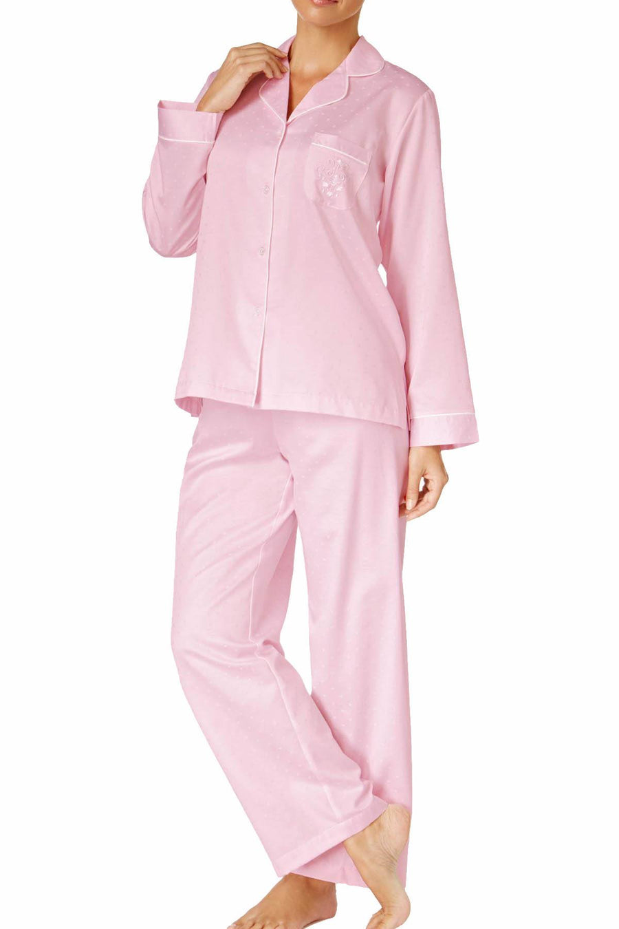 Miss Elaine PETITE Pink Jacquard-Dot Brushed-Back Satin 2-Piece PJ Set