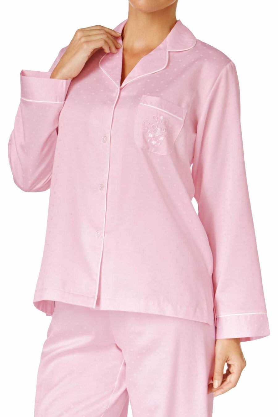 Miss Elaine PETITE Pink Jacquard-Dot Brushed-Back Satin 2-Piece PJ Set