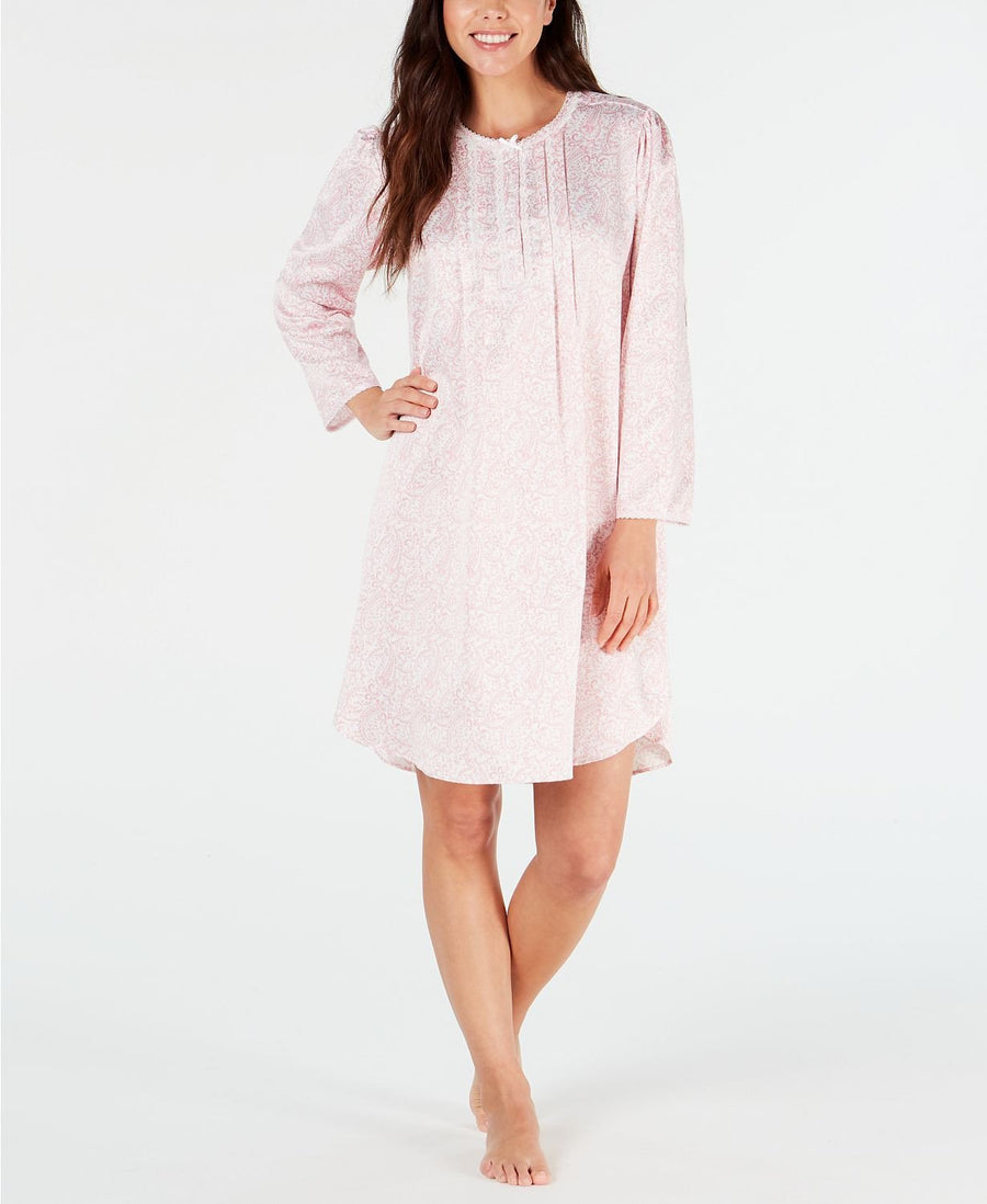 Miss Elaine PETITE Printed Brushed Back Satin Nightgown in Neutral Pink